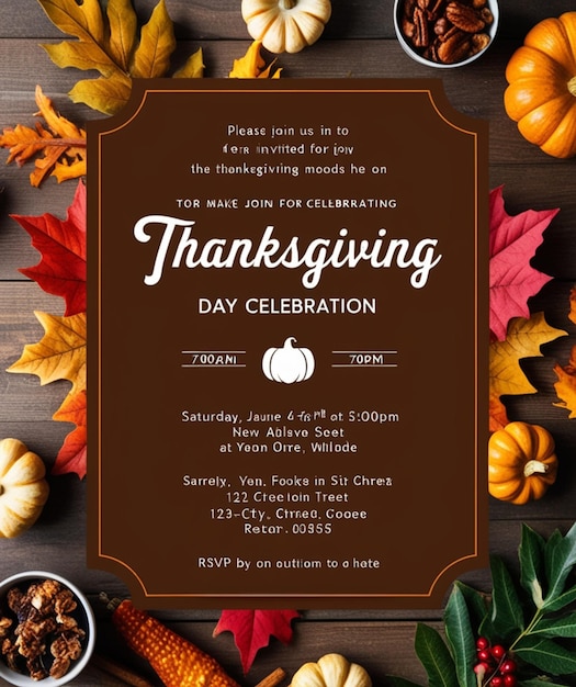 Photo a flyer for thanksgiving day with fall leaves and pumpkins