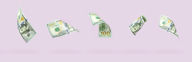 Flying 100 American dollars banknotes on pink background Hundred dollar bill Falling money on pink background American cash