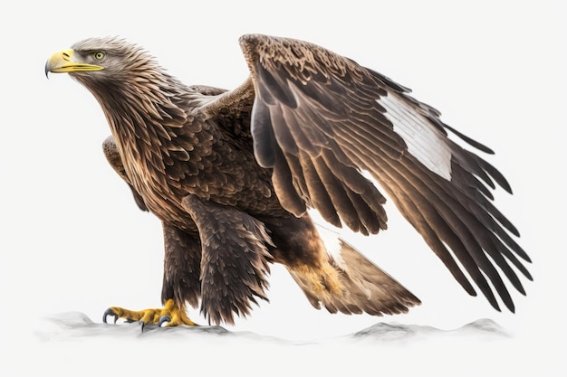 A flying adult White tailed Eagle Stands out against a blank white background