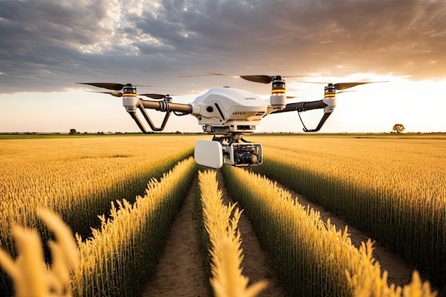 Flying agronomist drone over field with ripe crops