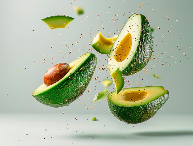 Flying in air Avocado whole and cut in half with leaf isolated on white background Levitation Avocado