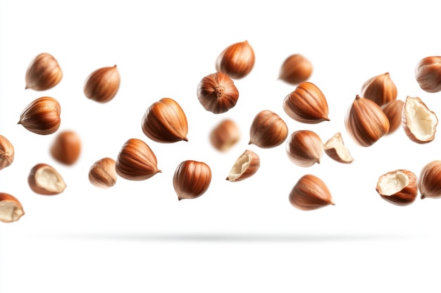 Photo flying in air hazelnuts isolated on white background falling hazelnuts