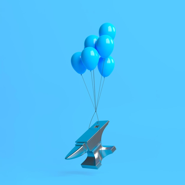 Flying anvil with balloons on blue background Minimal creative concept 3D render illustration