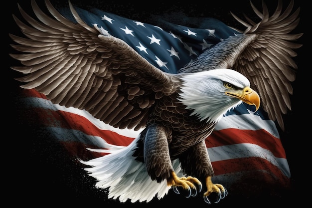 A Flying Bald Eagle With an American Flag Background