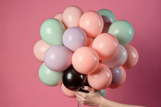 Flying balloon in human hand isolated on pink background