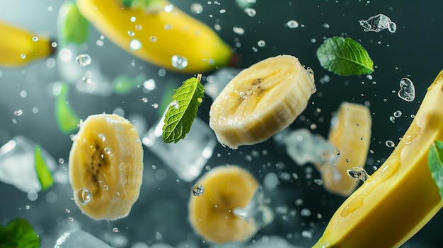 Photo flying banana cut with ice and mint leaves