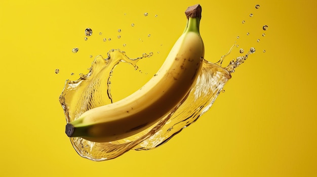 Flying Banana Water Splash Effect Yellow Background Refreshing Fruit