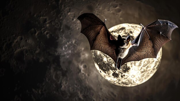 Photo flying bat silhouetted against full moon in night sky