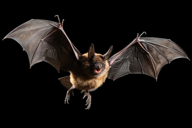 Flying bat with long ear and open wings isolated on black background