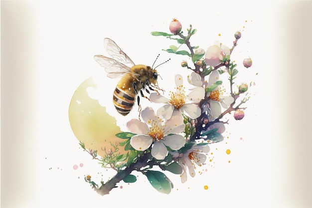 Flying bee and flowers pollination watercolor illustration on a white background