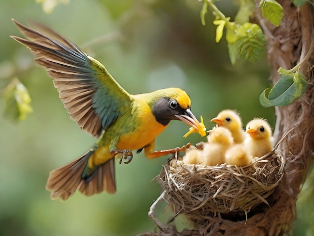 Flying bird feeding his new born chicks AI Generate