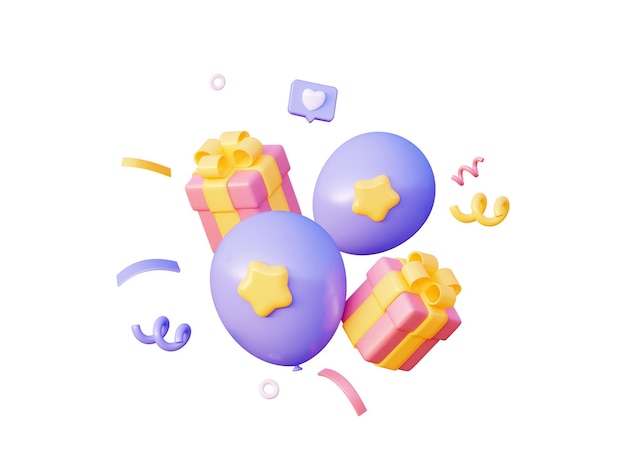 Flying blue balloons with pink gifts and a yellow bow Elements for birthday greetings 3d rendering illustration isolated on a white background