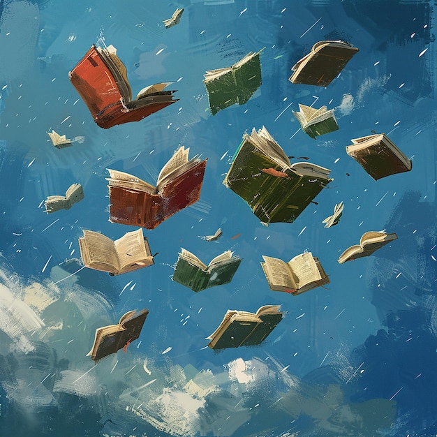 Photo flying books in a colorful digital painting style