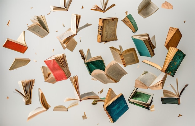 Photo flying books isolated on white background flat lay creating a dynamic and whimsical literary scene