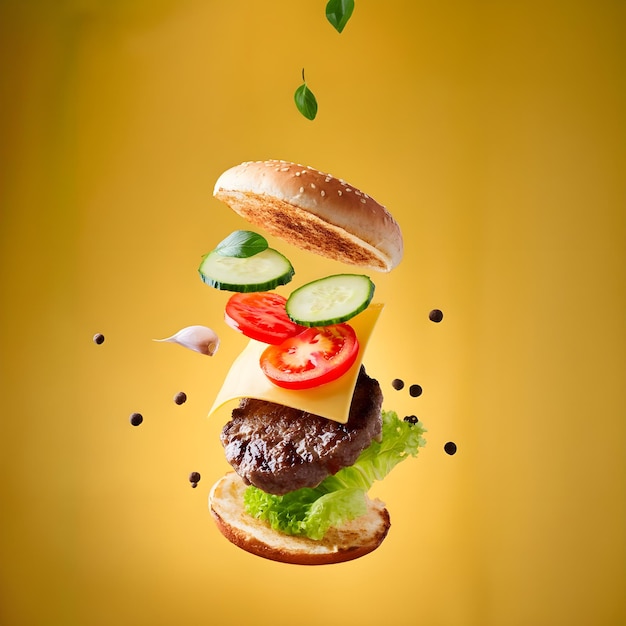 Photo flying burger ingredients separated by layers delicious burger with slices