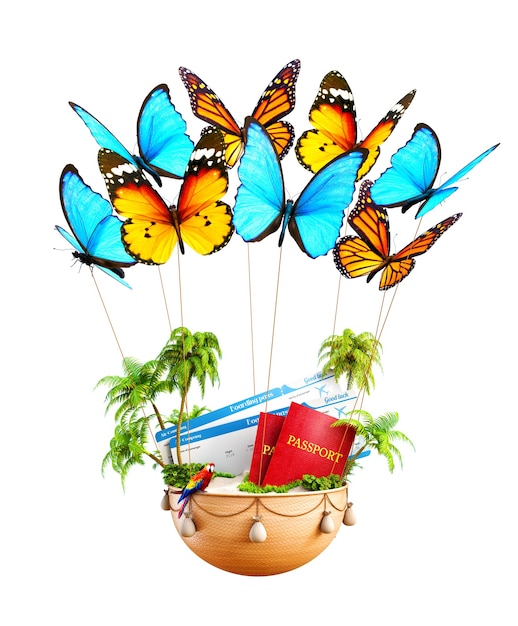 Flying butterflies carrying a basket with tropical island, passports and boarding passes inside. Unusual travel illustration. Isolated