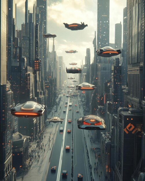 Photo flying cars in futuristic city