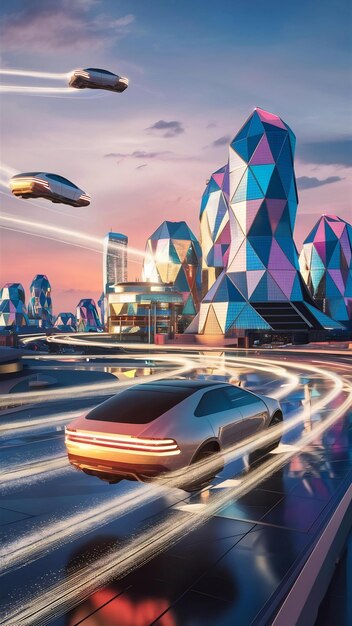 Flying cars illuminate modern city skyline at dusk generated by