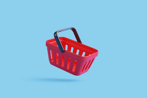 Flying cartoon shopping basket on blue background Minimal style empty grocery shopping cart 3D