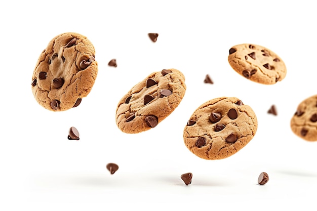 flying chocolate chip cookies isolated on a white background