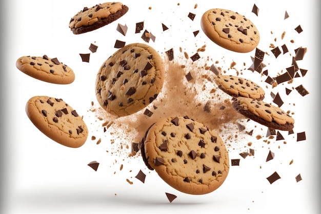 Flying chocolate chip cookies on a white background with chocolate chunks image with high resolution