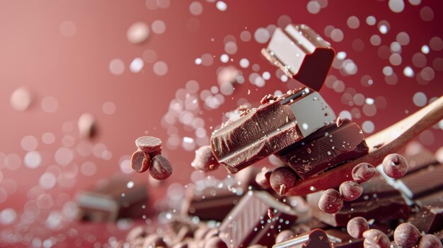 Photo flying chocolate pieces with sprinkles on red background