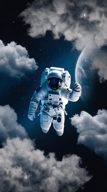 Flying among clouds floating astronaut in outer e