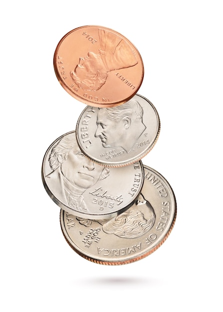 Flying coin stack with US cents isolated in white background