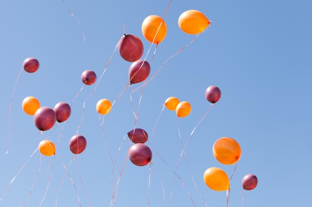 Flying colorful balloons at sky blue sky from happy people Releasing balloons at party celebration