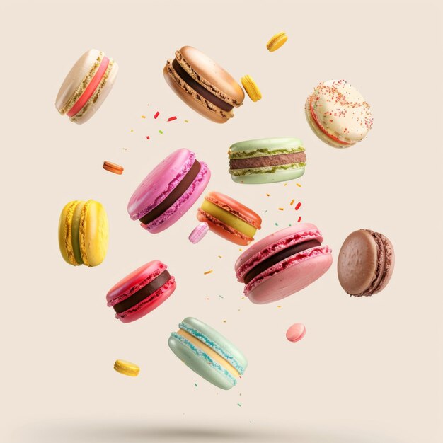 flying colorful macaroons isolated on white background