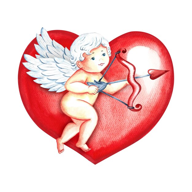 Photo a flying cupid with a bow and arrows on the background of a red heart watercolor illustration