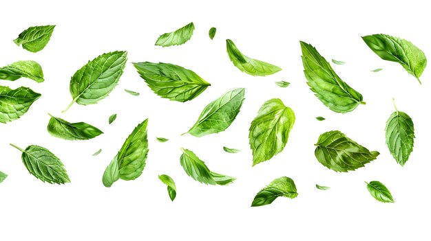 flying delicious fresh mint leaves cut out isolated on white background hyperrealism