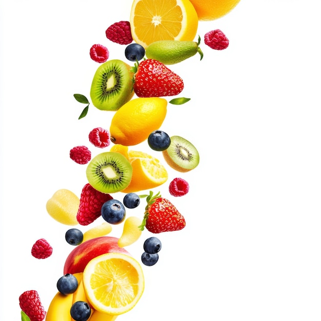 Photo flying different fresh fruits in air on white background falling fruits mix multifruit