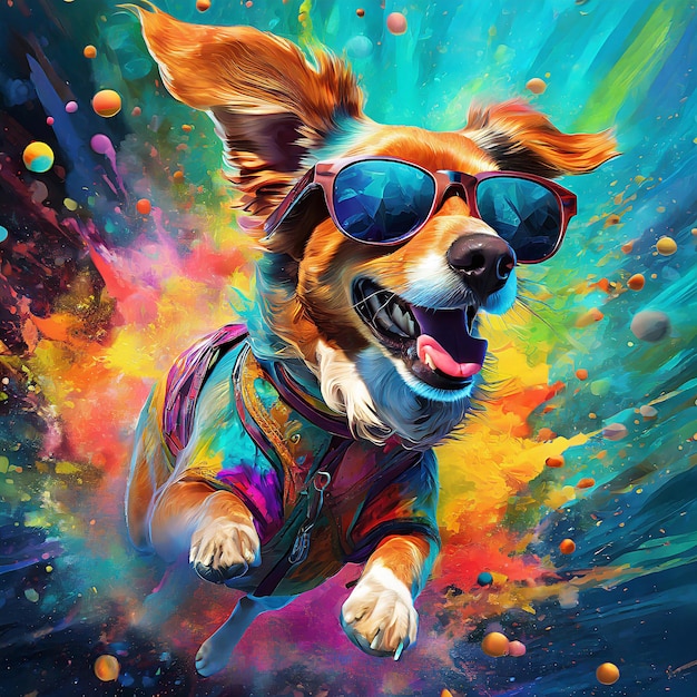 flying dog with sunglasses in an explosion of colors