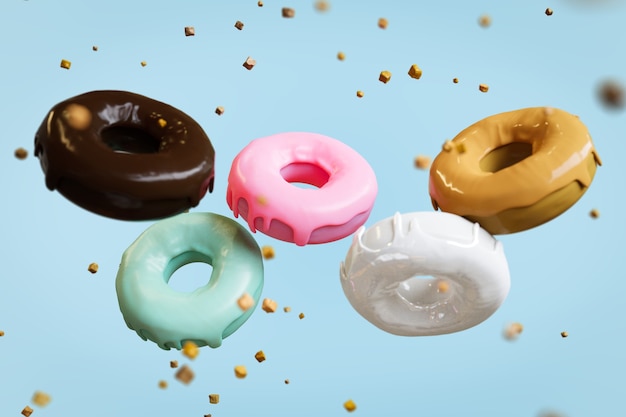 Flying doughnuts various glazed  with sprinkles chocolate chip on pastel color background. 3D Render