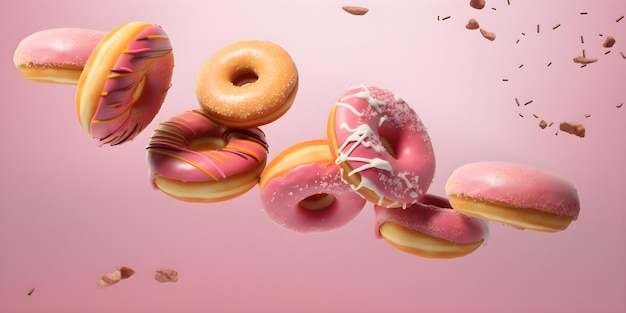 Flying doughnuts with pink glaze Creative food trend Levitating food in color of year Donuts illustration with copy space on a pastel pink background food banner Generative AI