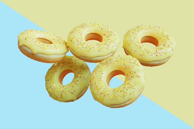 Flying doughnuts yellow glazed doughnuts with sprinkles on pastel color background. 3D Render