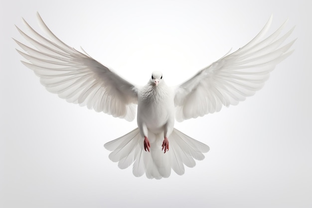 A flying dove in front view isolated on clear white background