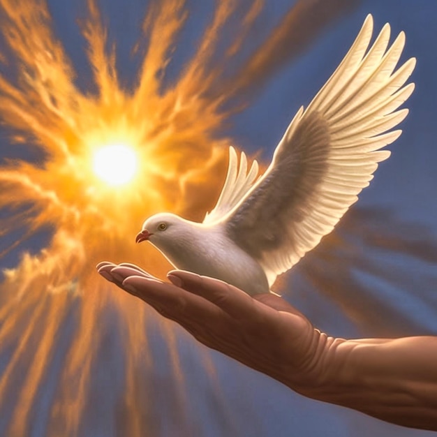 Flying dove reaching up with someones hand, Dove of Peace. Generative AI