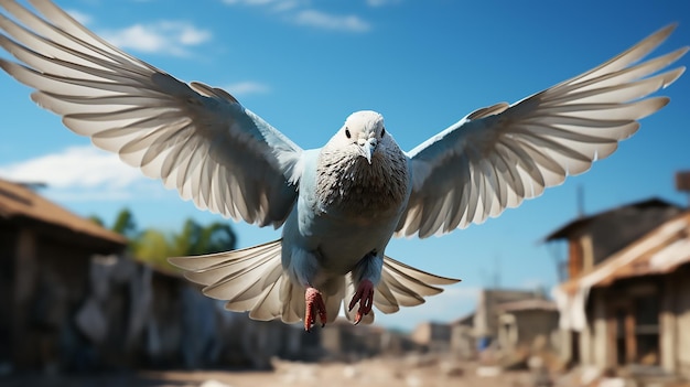 Flying dove realistic and clear paws blue sky background