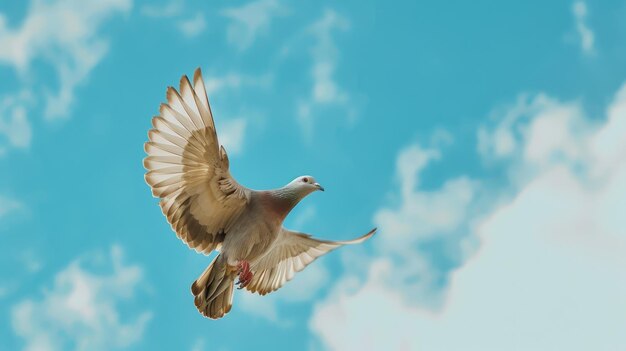 Photo flying dove white pigeon against blue sky