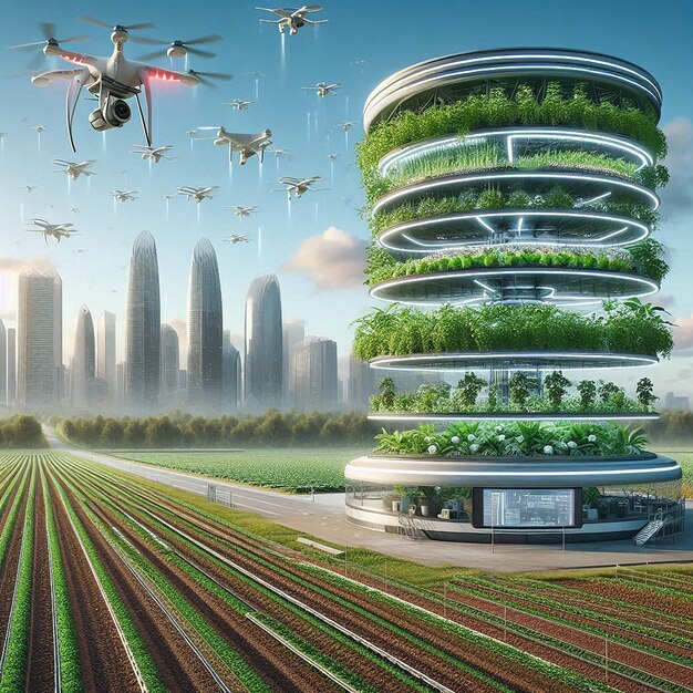 Photo a flying drone is flying over a field of grass and a building with a sign that says  fly