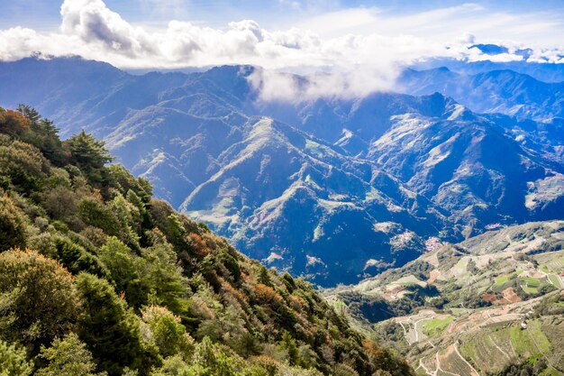 Flying drone towards beautiful amazing famous Mt. Hehuan in Taiwan over above the hilltop, aerial view shot.