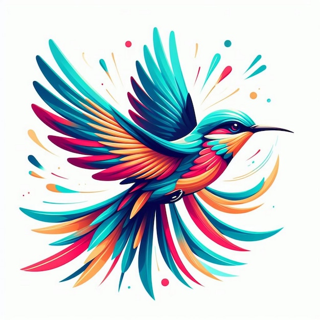 Flying exotic tropical bird with multicolored wings Summer insect flies Abstract fauna species above view Colored flat graphic modern illustration isolated on white