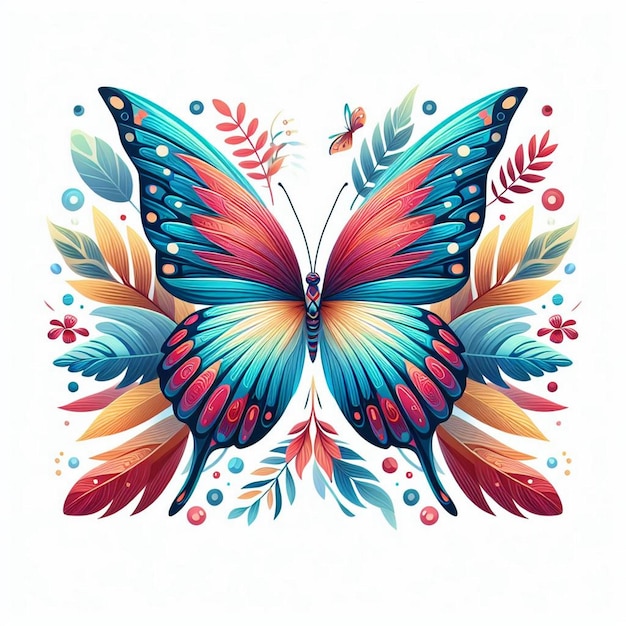 Flying exotic tropical butterfly with multicolored wings Summer insect flies Abstract fauna species above view Colored flat graphic modern illustration isolated on white