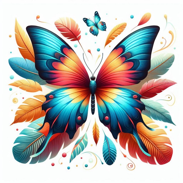 Flying exotic tropical butterfly with multicolored wings Summer insect flies Abstract fauna species above view Colored flat graphic modern illustration isolated on white