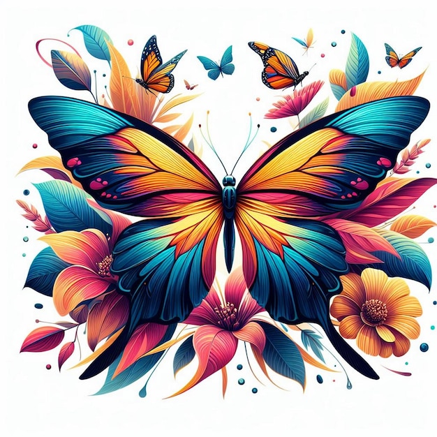 Flying exotic tropical butterfly with multicolored wings Summer insect flies Abstract fauna species above view Colored flat graphic modern illustration isolated on white