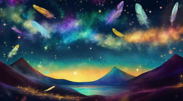 Flying Feathers in a sparkling universe over a night landscape