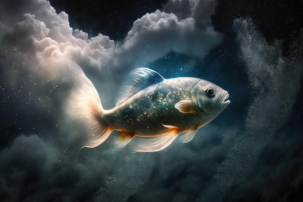 Flying fish ascending in water clouds aquarium fish in space