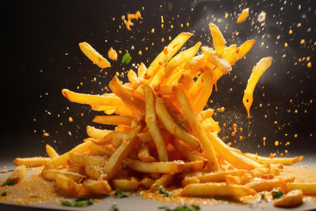 Flying French Fries with Salt Shower in Playful Food Photography